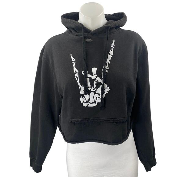 The Drive Clothing Black Skull Long Sleeve Crop Hooded Hoodie Sweatshirt Top S - Picture 1 of 4